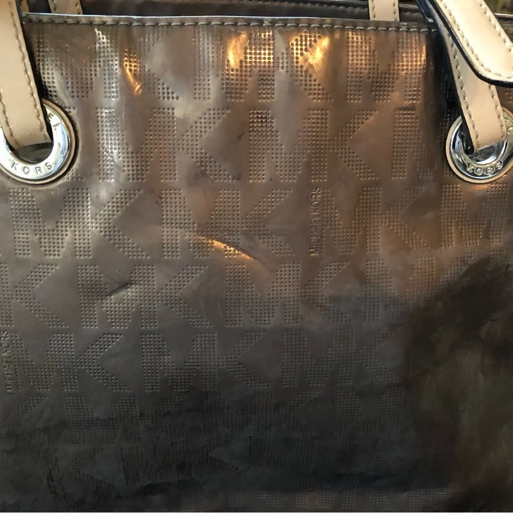 🟤Michael Kors MK Metallic Brown Shiny Tote Grab Handbag Purse w/Leather Straps